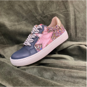 Chaussures enfant en cuir coloris marine et paillettes roses à lacet et zip latéral