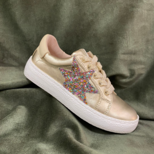 Chaussures enfant en cuir coloris doré et paillettes multicolores à lacet et zip latéral